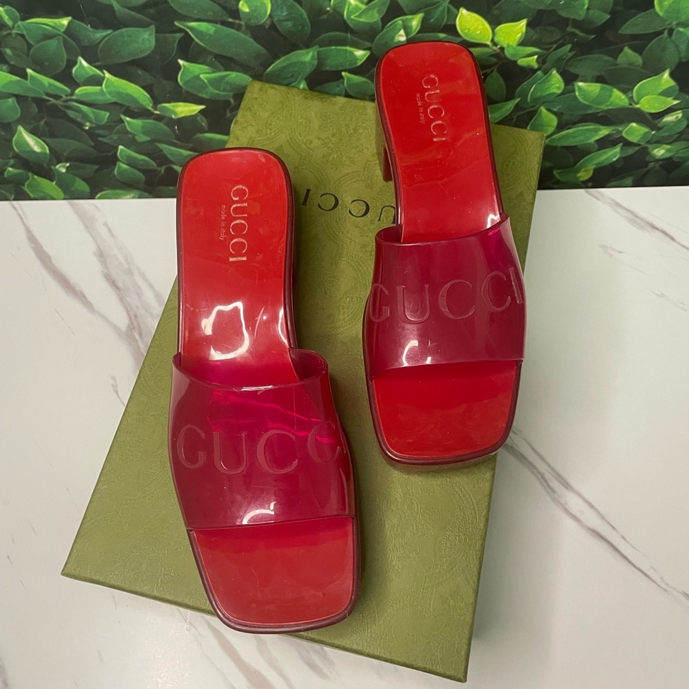GUCCI SHOES 100% AUTHENTIC GUCCI PLATFORM LOGO HEEL SLIDE SANDALS